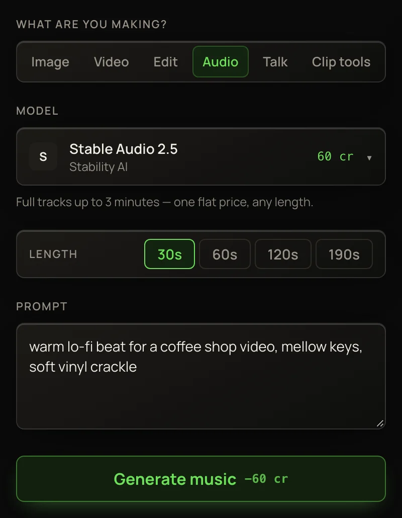 Stable Audio 2.5 with a lo-fi track described, the Length buttons from 30s to 190s, and the Generate music button.