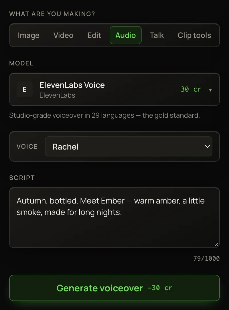 The Audio lane set up for a voiceover: ElevenLabs Voice, a short script with its character counter, the Voice list and the Generate voiceover button.