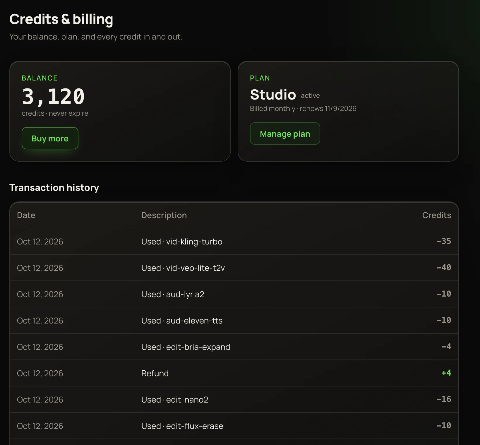 Credits & billing: a 3,120-credit balance with Buy more, the Studio plan renewing 11/9/2026 with Manage plan, and the transaction history.