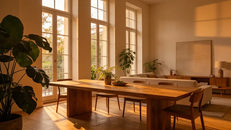 The same apartment with warm low sun through the windows and long shadows across the floor.