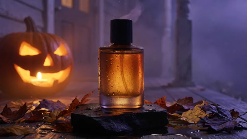The same bottle on a stone at an autumn night, with a glowing pumpkin and fallen leaves.
