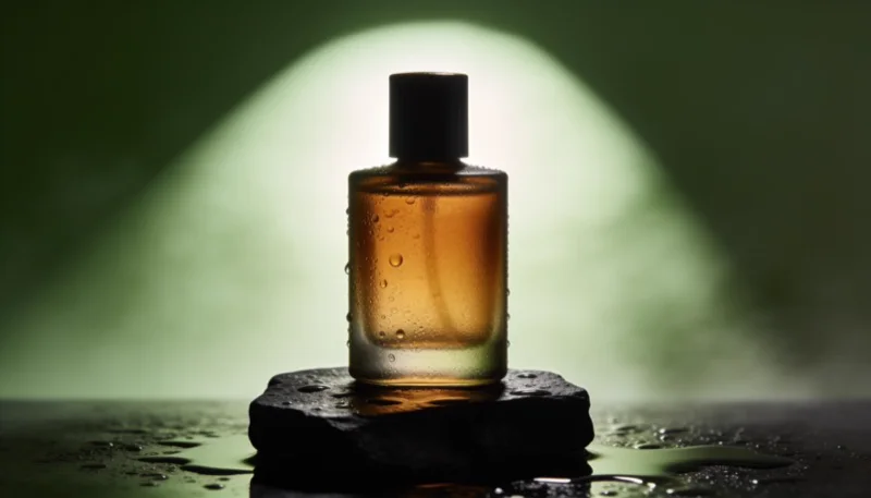 A perfume bottle on a wet stone under a green spotlight.