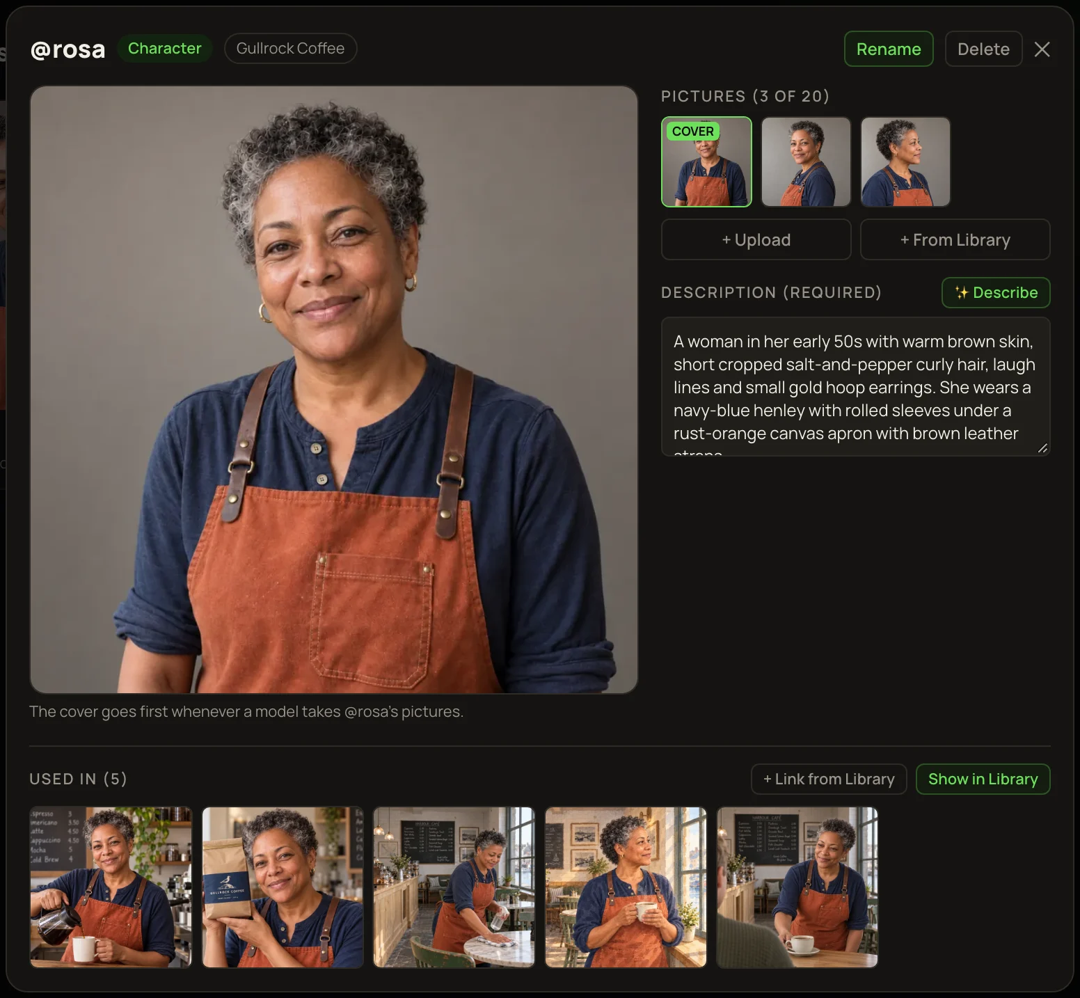 Rosa’s entity window: @rosa, Character, Gullrock Coffee, with Rename and Delete at the top right; her cover picture; her three pictures with + Upload and + From Library; her description with ✨ Describe; and Used in (5) with five pictures of her, + Link from Library and Show in Library.