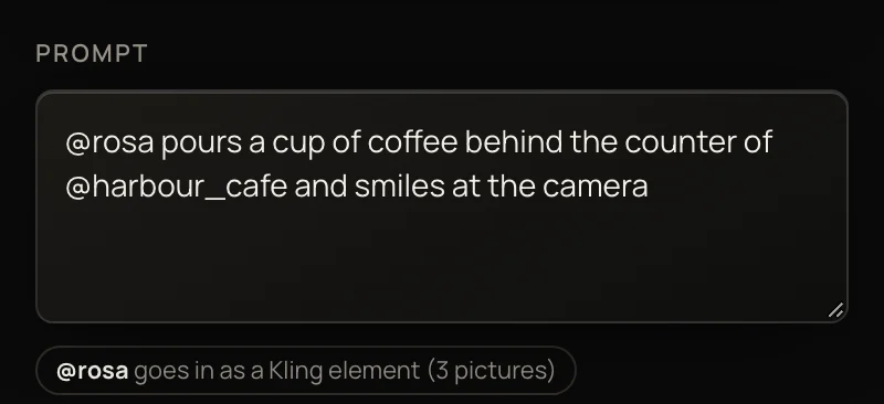 A prompt on Kling O3 · Entities with the tag “@rosa goes in as a Kling element (3 pictures)”.