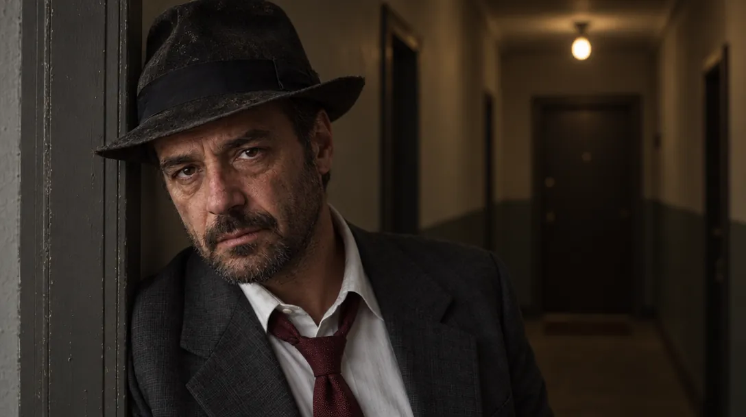 Detective Quell himself, the man from his saved pictures, leaning in the same hallway doorway.