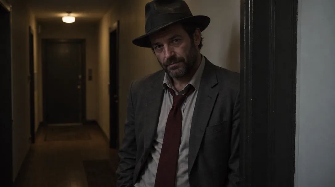 A detective in a fedora and grey suit leaning in a hallway doorway — a different man from Quell, with a longer face and different features.