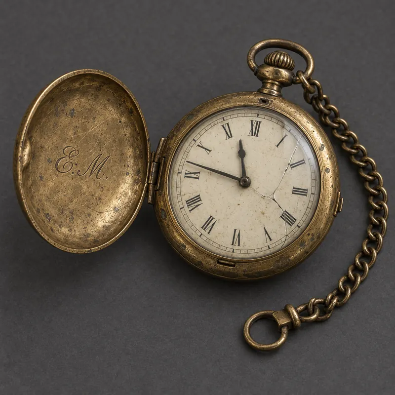 An antique brass pocket watch, lid open, on a plain dark-grey background.