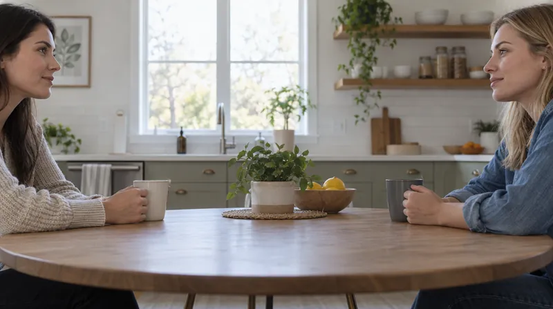 Two women in strict side profile facing each other across a kitchen table.