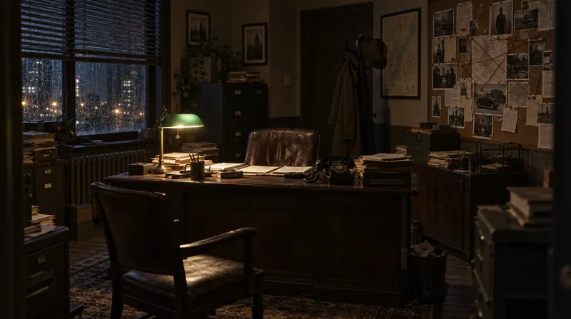Quell’s empty office at night: wooden desk, green lamp, blinds, cork board.