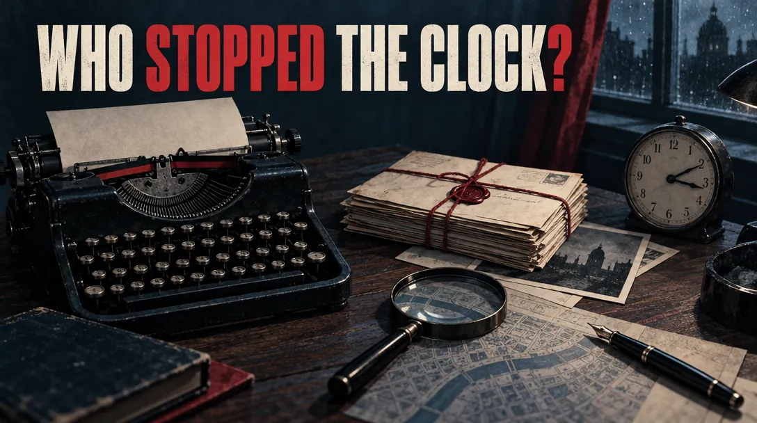 The same poster with @noir_colours: the word STOPPED in crimson, red string and wax seal, cool blue night light.