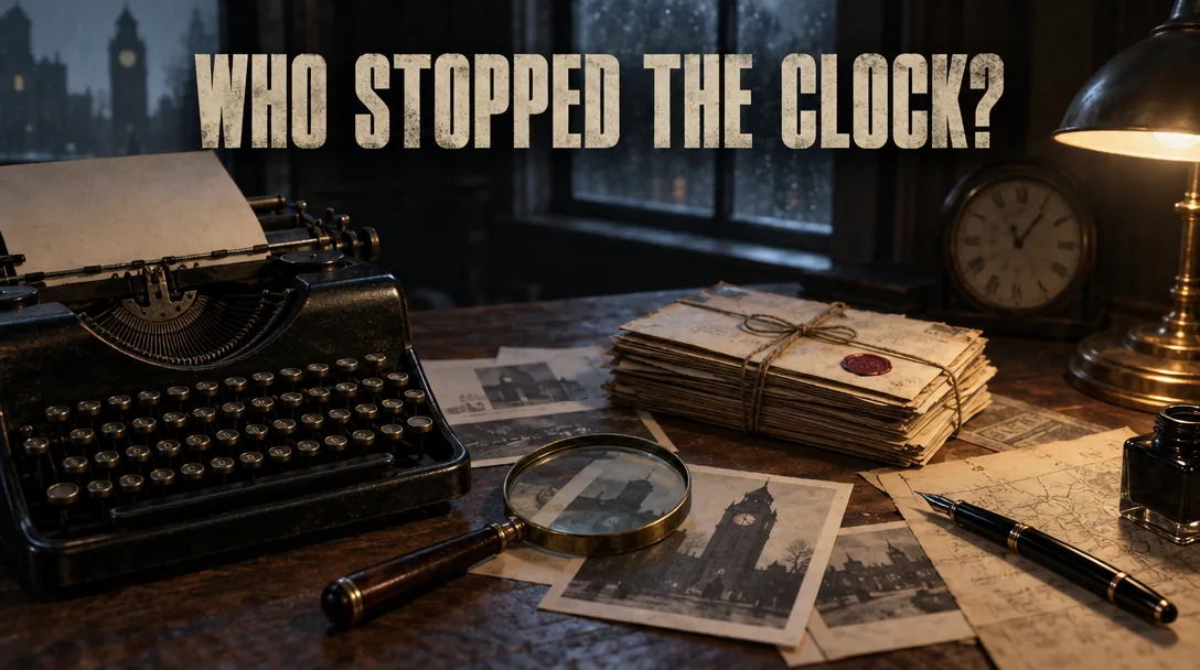 A detective film poster: a typewriter, letters, a magnifying glass and a pen on a desk, with the headline WHO STOPPED THE CLOCK? in pale letters.
