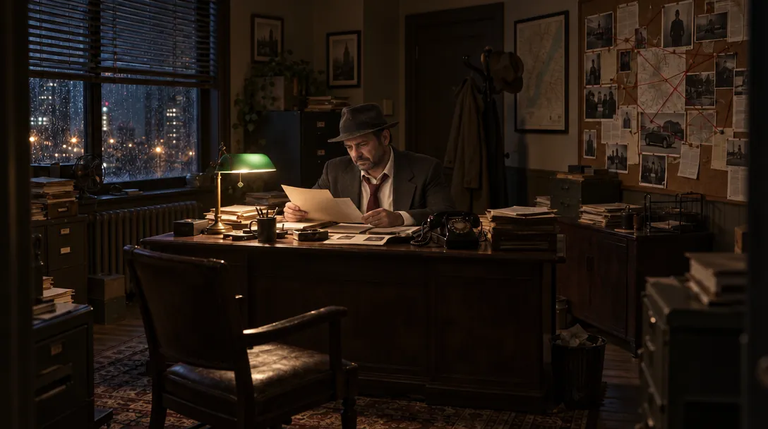 Quell at his own desk: green-shaded lamp, blinds over the city at night, cork board of photos.