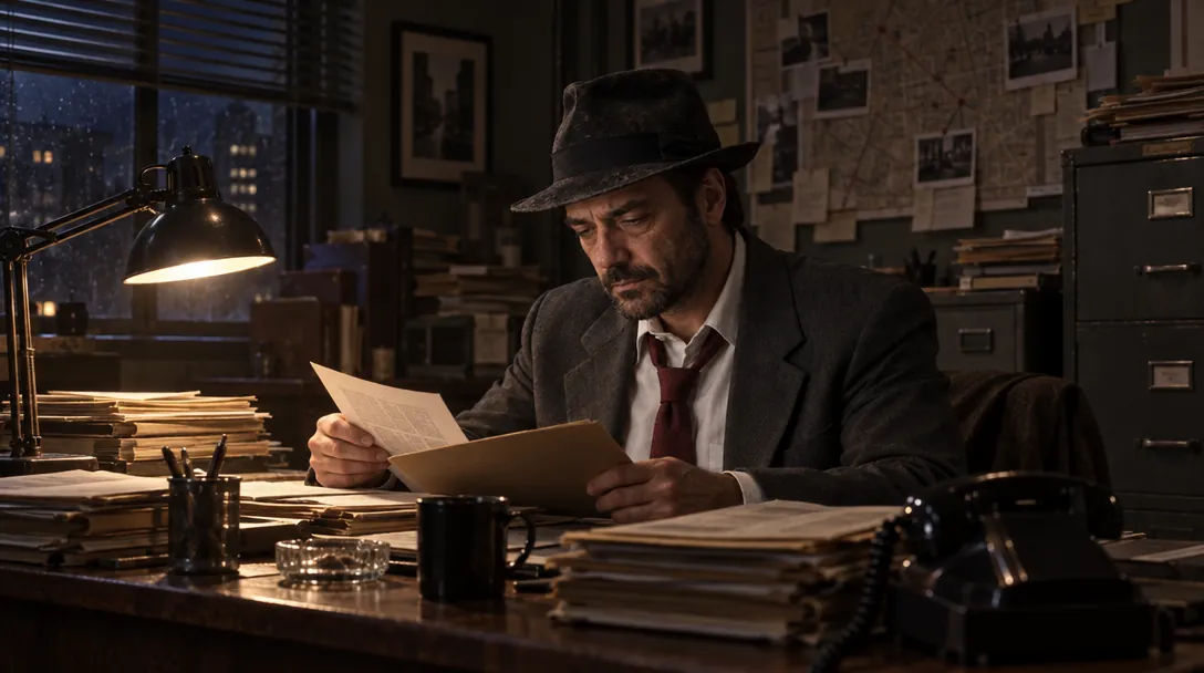 Quell reading at a desk in a made-up office with a black desk lamp.