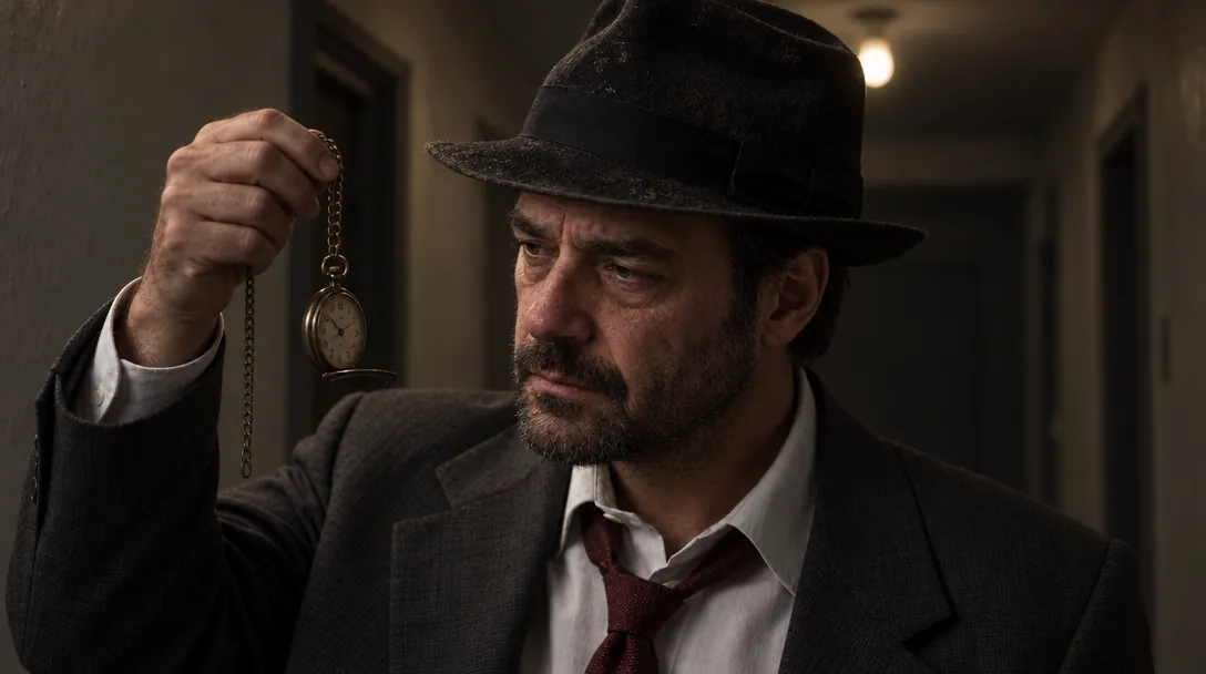 Quell holding up a generic small pocket watch on a chain.