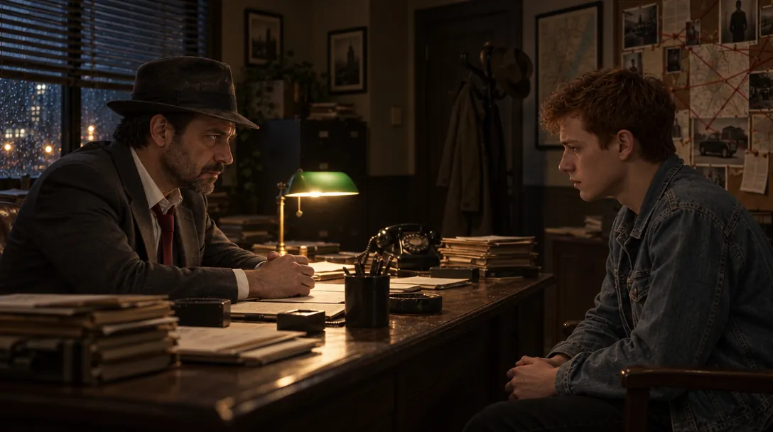 Quell and the young man both in side profile, facing each other across the desk.