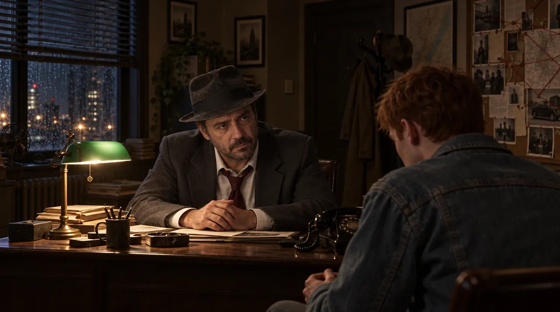Quell questioning a red-haired young man across his desk, the young man’s back half-turned to the camera.