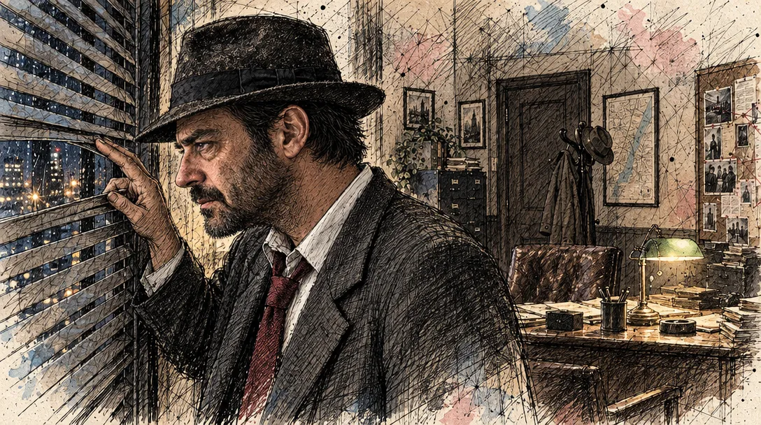 The same shot drawn in rough black ink crosshatching with a few soft pastel spots of colour.