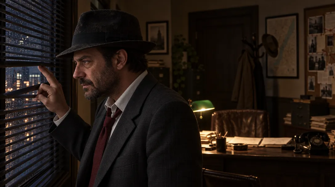 A dark photo of detective Quell parting the blinds of his office to look out at the city at night.