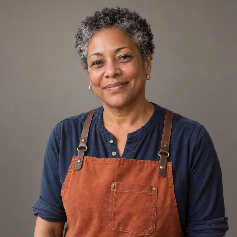 Rosa facing the camera with a warm smile, in her navy henley and rust apron, in front of a plain grey wall.