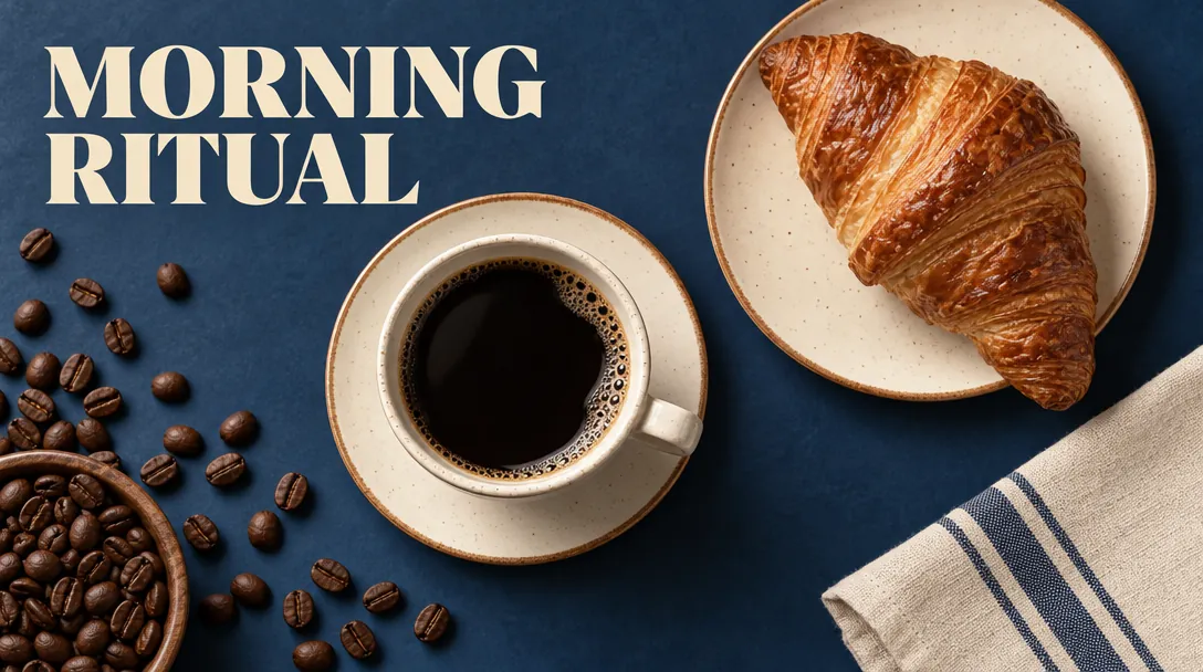 The same Morning Ritual ad in Gullrock’s colours: a deep-blue table, a cream headline and cream cup, and brown coffee beans.