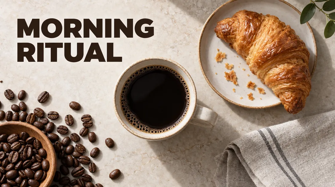 A Morning Ritual coffee ad: a cup of black coffee, a croissant and coffee beans on a pale stone table, with a dark brown headline.