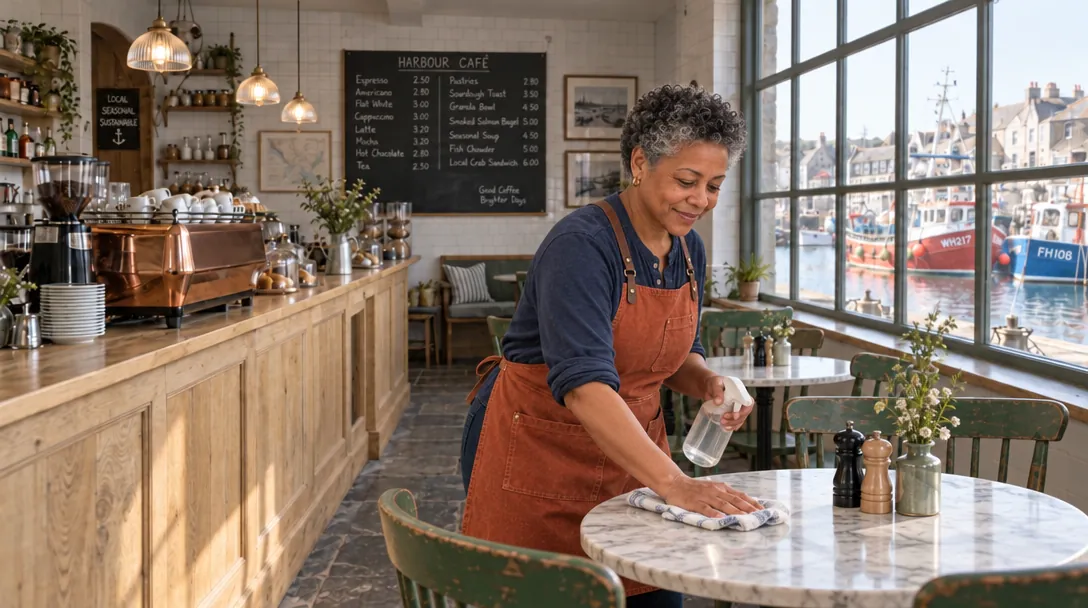 Rosa wiping a round marble table in the Gullrock café: green chairs, pale-oak counter, copper espresso machine, harbour window with boats.