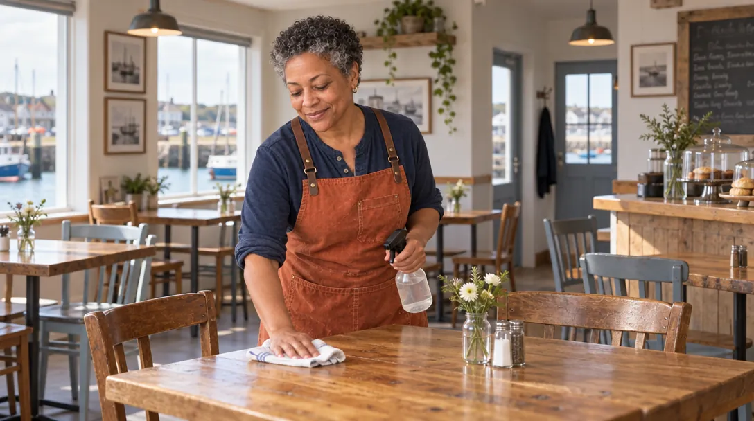 Rosa wiping a wooden table in a café with plain wooden chairs — a made-up café, not Gullrock’s.