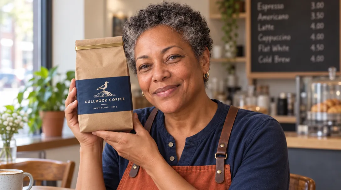 Rosa holding up the Gullrock Coffee bag: kraft paper, gold tie, navy band with the seagull and the words GULLROCK COFFEE.