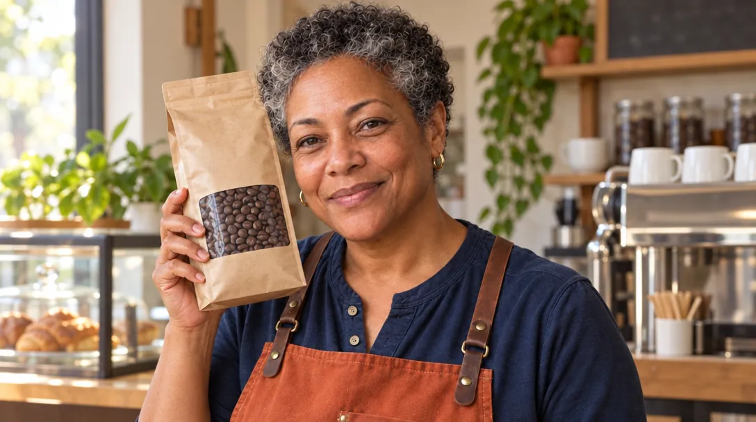 Rosa holding up a plain brown paper bag with a clear window of coffee beans — any coffee bag, not Gullrock’s.