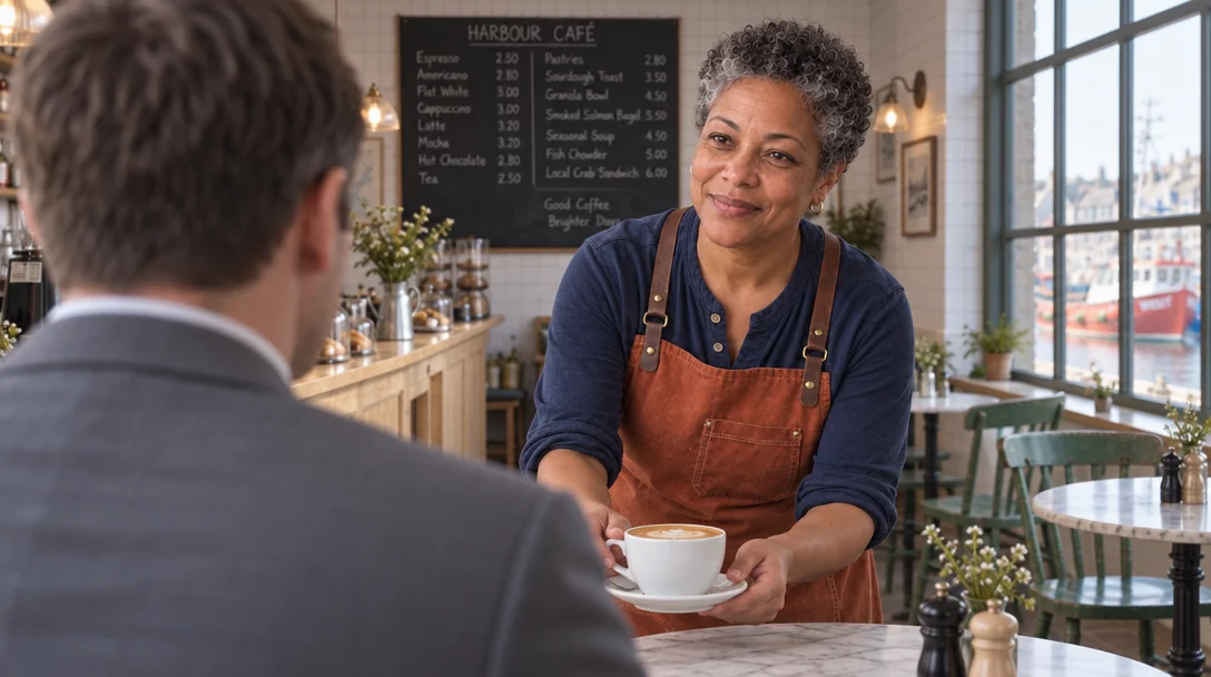 The over-the-shoulder café shot where the customer wears a grey suit like the man in the office photo.