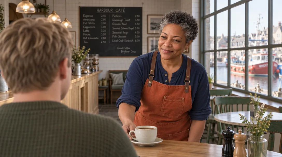 The same moment framed over the customer’s shoulder: his back large in the left foreground, Rosa facing the camera on the right.