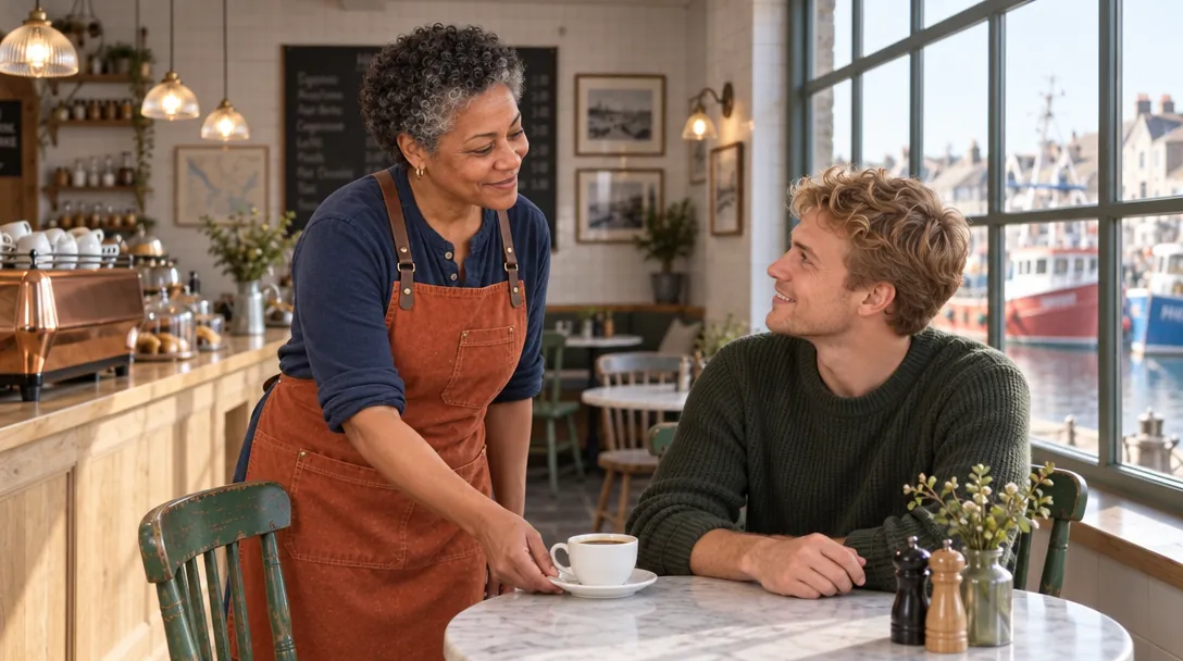 Rosa serving coffee to a blond customer in a green sweater, both seen from the side.
