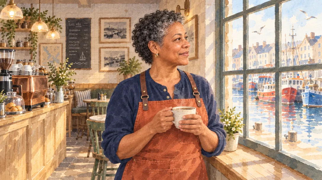 The same scene painted: Rosa at the window with her coffee, in soft gouache brushwork with warm muted colours.