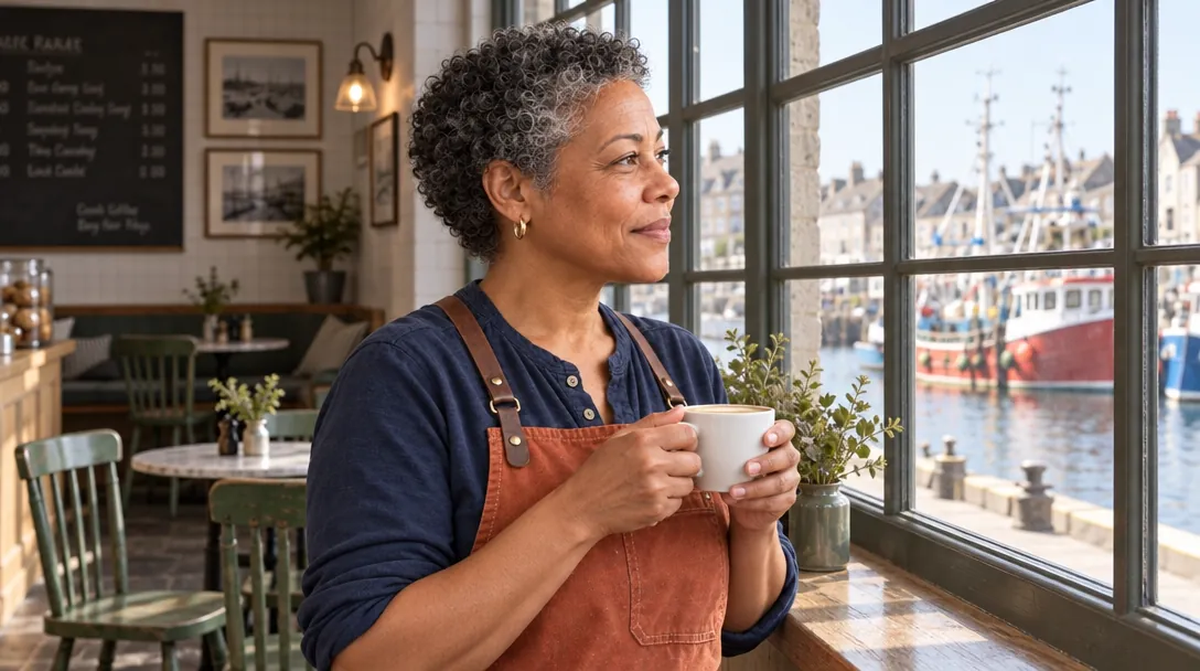 A photo of Rosa at the café window holding a cup of coffee, fishing boats outside.