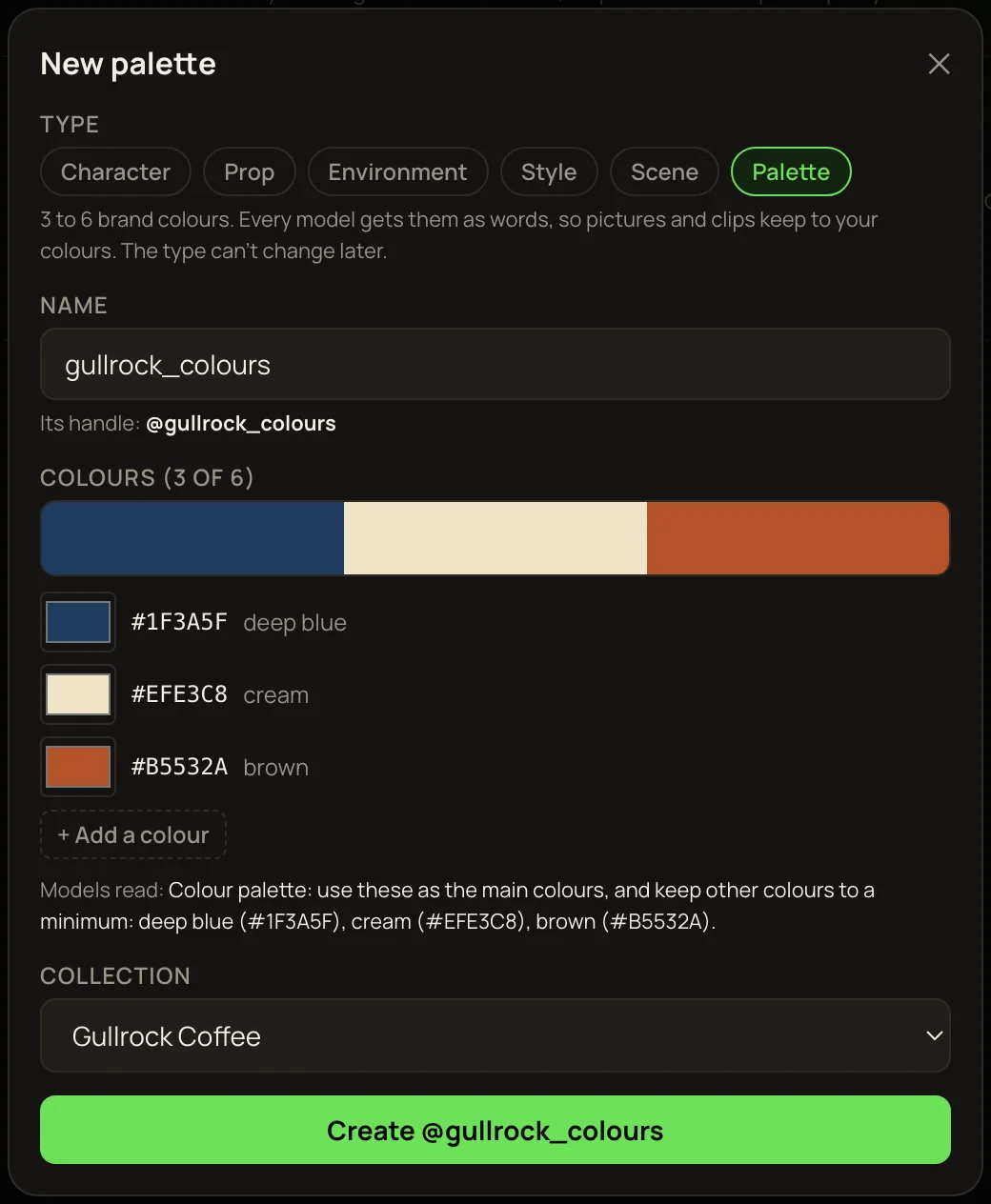 The New palette window: the name gullrock_colours, three colours — #1F3A5F deep blue, #EFE3C8 cream, #B5532A brown — + Add a colour, the Models read line, the Gullrock Coffee collection and Create @gullrock_colours.