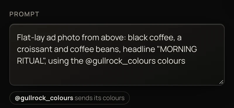 The prompt ends “using the @gullrock_colours colours”, and the tag under it says @gullrock_colours sends its colours.