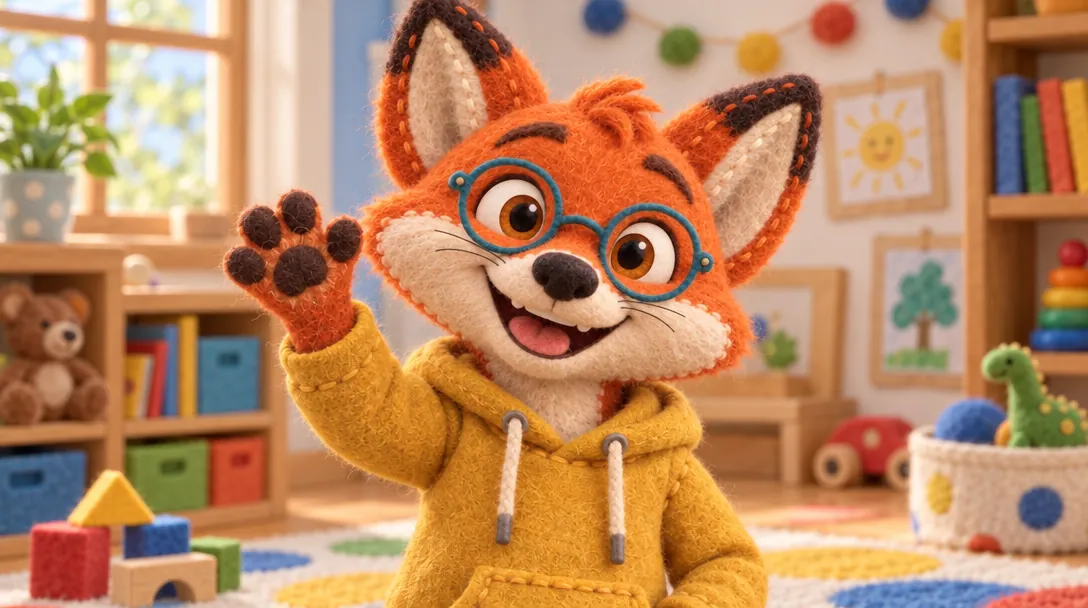 Pembrook himself, from his saved felt pictures, waving in the same playroom.
