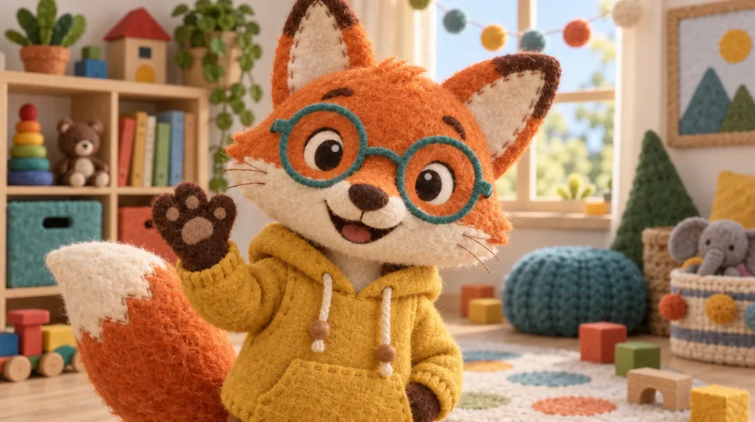 A felt cartoon fox in teal glasses and a mustard hoodie waving in a playroom — close to Pembrook, but with bigger, rounder eyes and a different face shape.