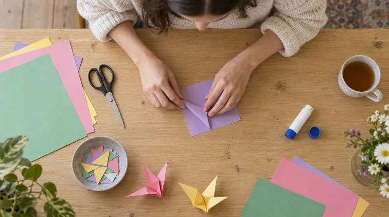 Looking straight down at a craft table: two hands folding paper in the middle, papers laid flat around them.