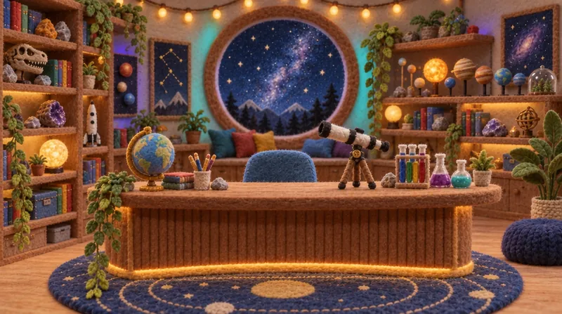 Pembrook’s empty felt studio set: curved desk, shelves, round starry window.