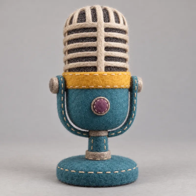 A felt retro microphone with a teal body and yellow ring on a plain grey background.