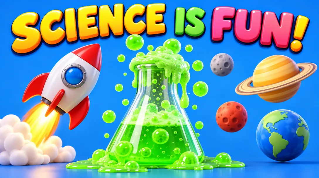 A kids’ thumbnail: a bubbling green beaker, a red rocket and planets on a bright blue background, with the headline SCIENCE IS FUN!