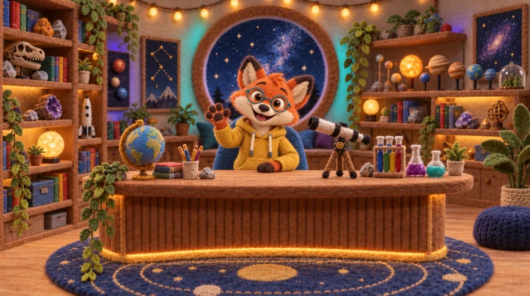 Pembrook behind the curved desk of his own felt studio, under the round starry window.