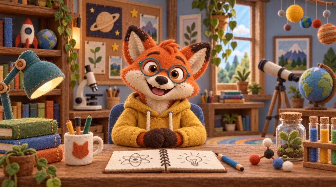 Pembrook at a desk in a made-up felt playroom.