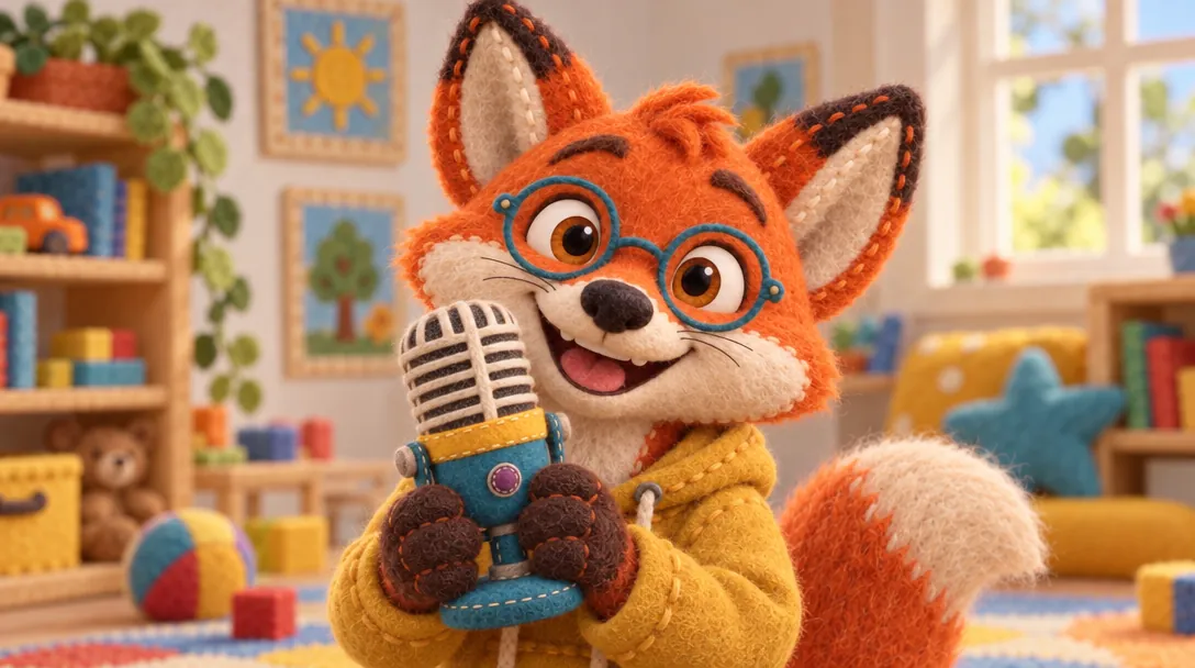 Pembrook holding his own felt microphone: teal body, chrome grille, yellow ring.