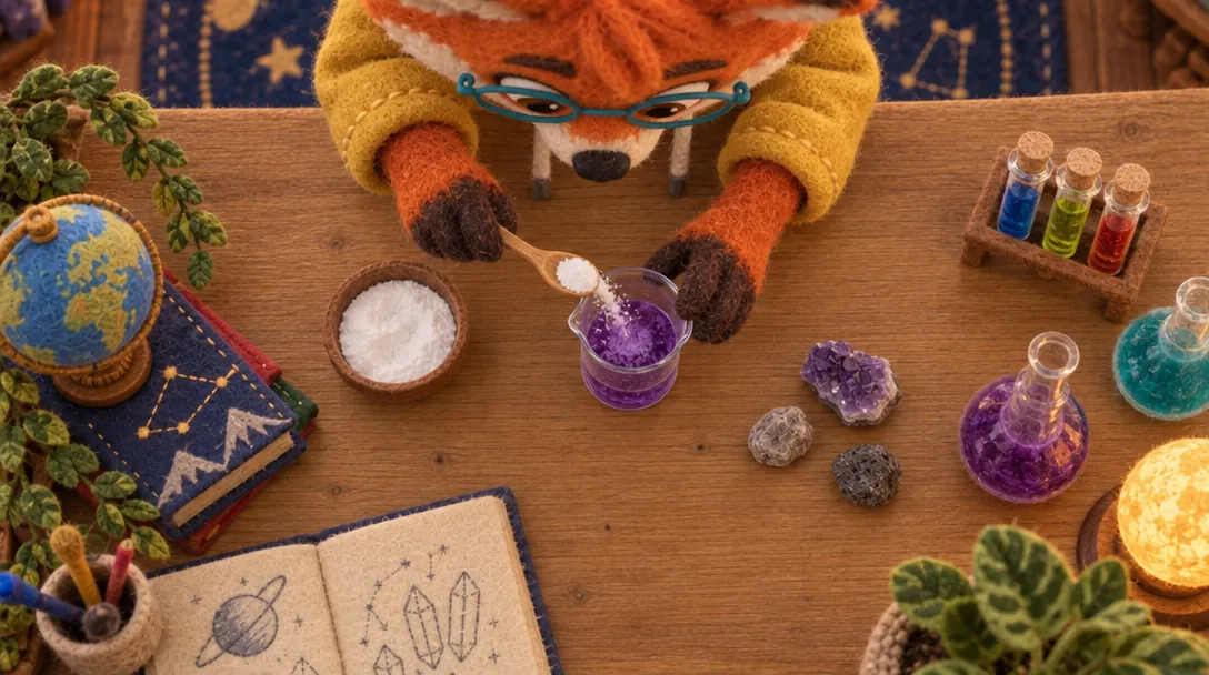 The same experiment seen from straight above: Pembrook’s paws in the middle, beakers and rocks laid out around them.