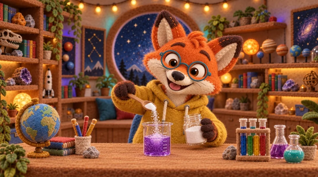 Pembrook at his desk pouring baking soda into a beaker, seen from the front.
