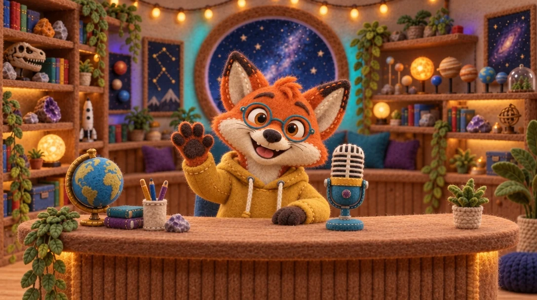 Pembrook waving behind his desk in stitched felt: sewn seams on his ears and hoodie, a knitted desk and a felt microphone.