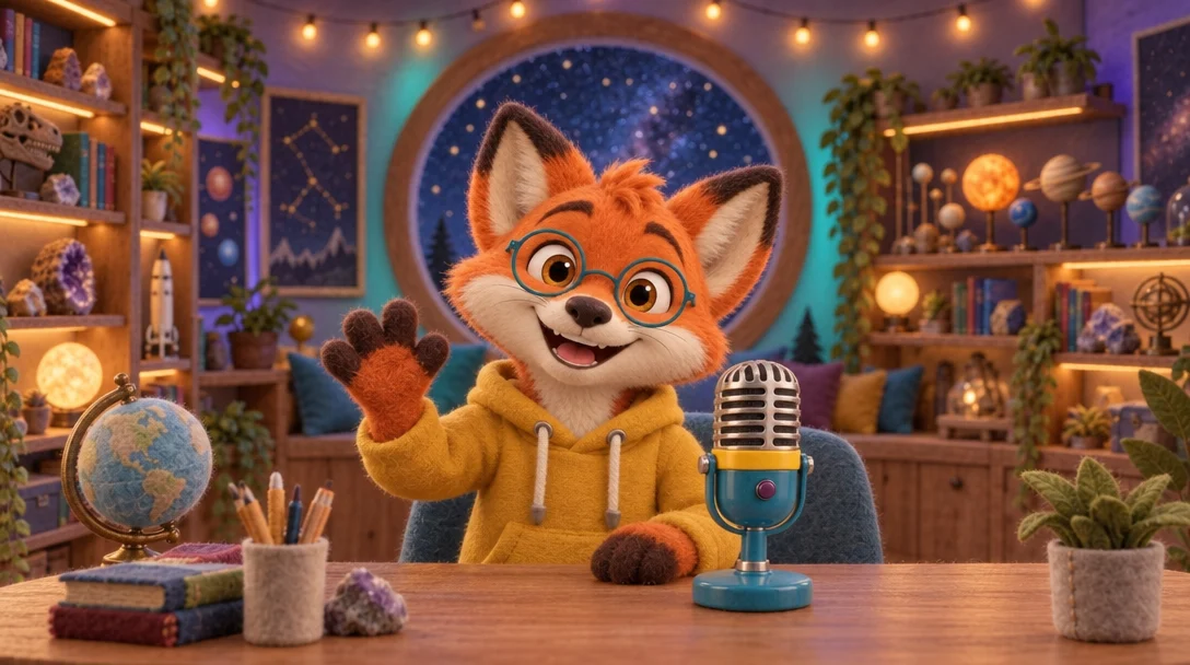 Pembrook waving behind his desk: the fox keeps smooth, fluffy 3D fur and the desk is plain wood, though the prompt asked for felt and clay.