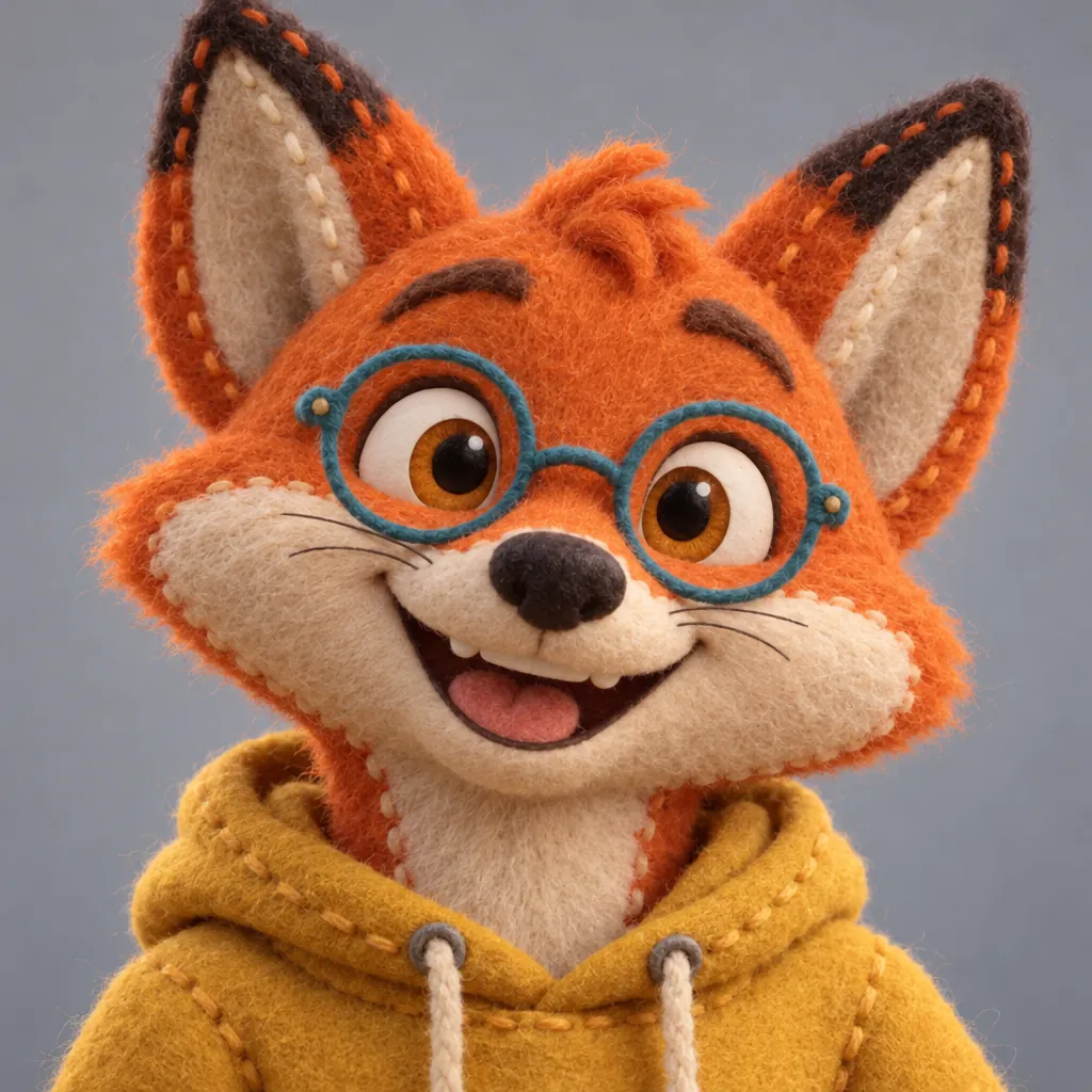 The same Pembrook redrawn in felt: stitched ears, a felt nose and a woolly hoodie.